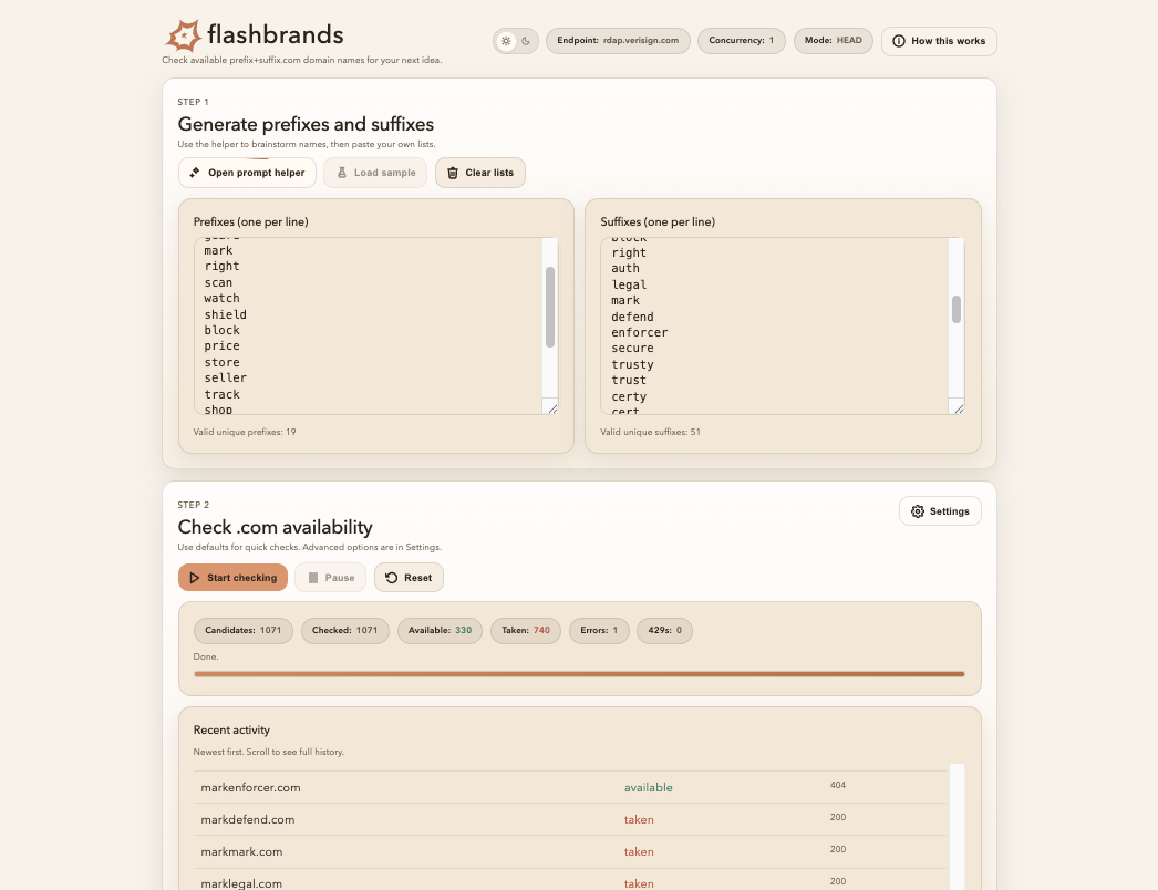 FlashBrands domain search preview